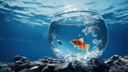 Fotobehang goldfish fish on fishbowl underwater of sea. prison and freedom illusion © mimadeo