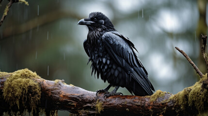 black crow on tree branch on rain. death