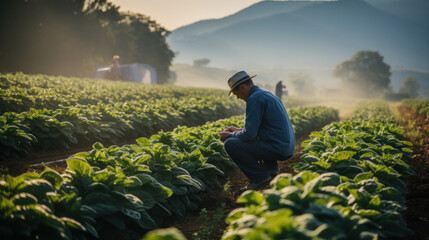 Farmers working in the morning at the vegetable garden in Chiang Mai, Thailand. Generative AI.