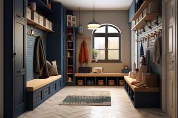 Modern mudroom interior, entrance hall in house, home storage space. Generative AI