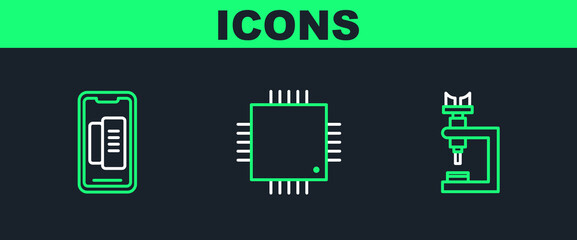 Set line Microscope, Smartphone, mobile phone and Processor with microcircuits CPU icon. Vector