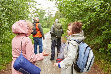 Elderly women talking while walking behind male friends