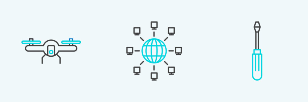 Set line Screwdriver, Drone flying and Social network icon. Vector