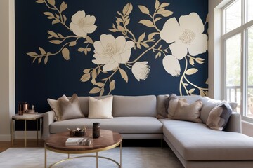 Modern living room interior, beautiful floral mural, flowers on wall