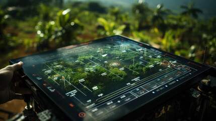 Close up of hand farmer holding tablet with field modern farm map in virtual reality concept. Generative AI.