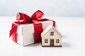 House model and gift box with red ribbon. Generative AI