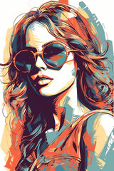 Colorful portrait of a girl in fashionable sunglasses. Cool graffiti style print for t-shirts, mugs, covers, clothes