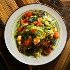 Trout salad with ricotta cheese and sea buckthorn sauce