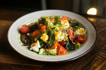 Trout salad with ricotta cheese and sea buckthorn sauce