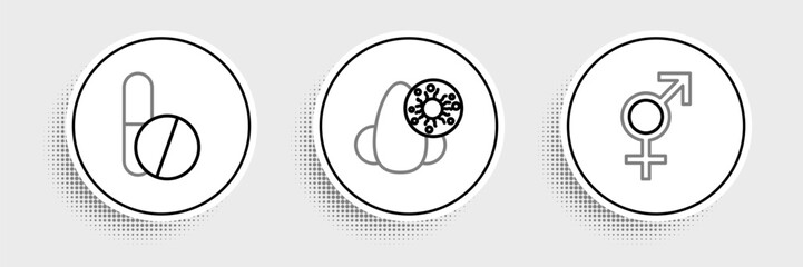 Set line Gender, Medicine pill or tablet and Runny nose and virus icon. Vector