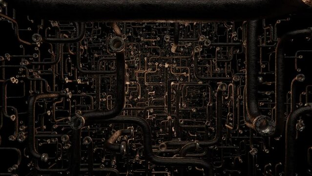 camera movement through rusty metal curved pipes. steampunk concept background. 3d render