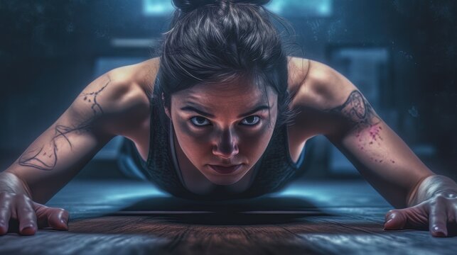 Push ups, workout and portrait of woman in gym for challenge, exercise and performance. Generative AI 6