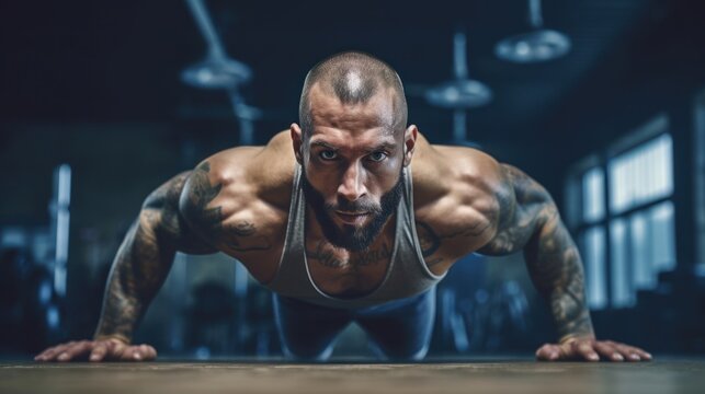 Push ups, workout and portrait of strong man in gym for challenge, exercise and performance