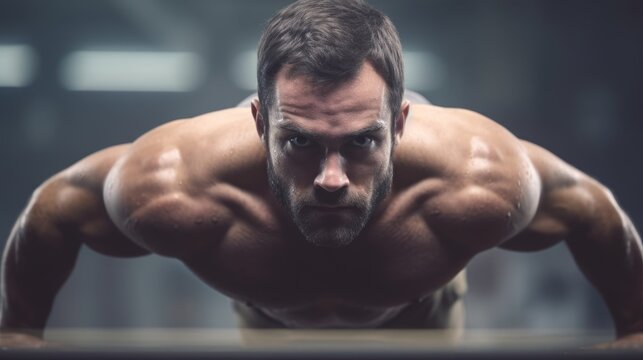 Push ups, workout and portrait of strong man in gym for challenge, exercise and performance. Generative AI 2