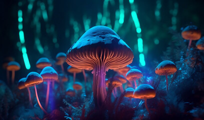 Psychedelic mushroom forest with a neon glow  in a fantasy style 