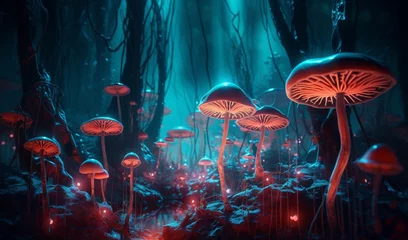 Psychedelic mushroom forest with a neon glow  in a fantasy style  © ni