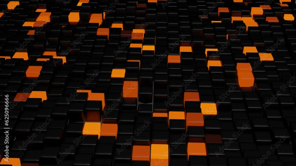 Poster dark background with flashing black squares. looped animation. 3d render