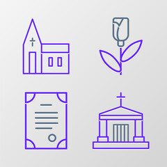 Set line Old crypt, Death certificate, Flower rose and Church building icon. Vector