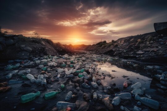 A landfill overflowing with waste and plastic bottles. The background showcases the environmental challenges of waste management and pollution. Generative AI