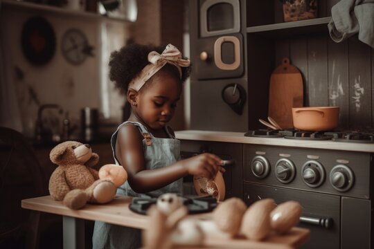 A toddler girl in imaginative play, pretending to cook and serving pretend food to stuffed animals. The background is a play kitchen, fostering creativity and role-playing abilities. Generative AI