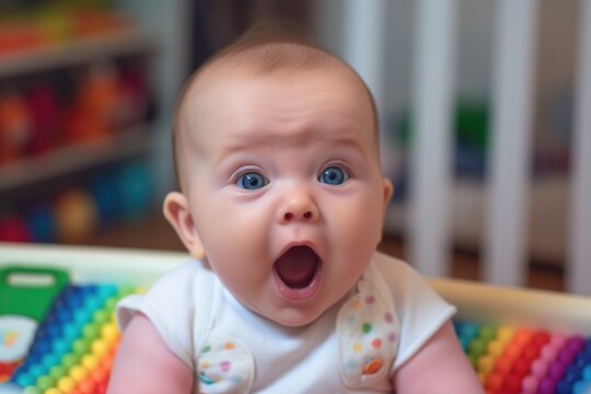 Developmental milestones. An infant babbling and making cooing sounds, developing communication skills. Cheerful atmosphere. Generative AI