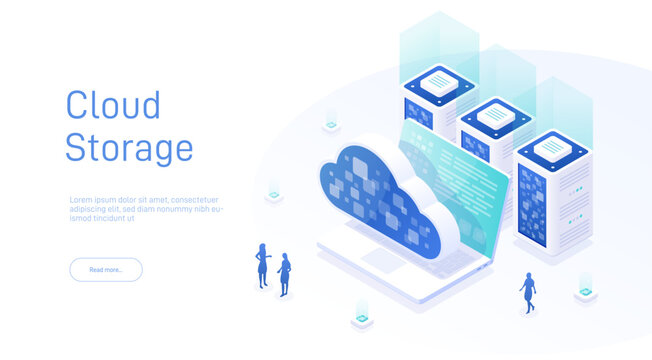 Concepts cloud storage isometric. Online Computing Storage 3D isometry concept. Cloud computing or storage vector illustration. Online computing technology. Cloud data storage 3d isometric.