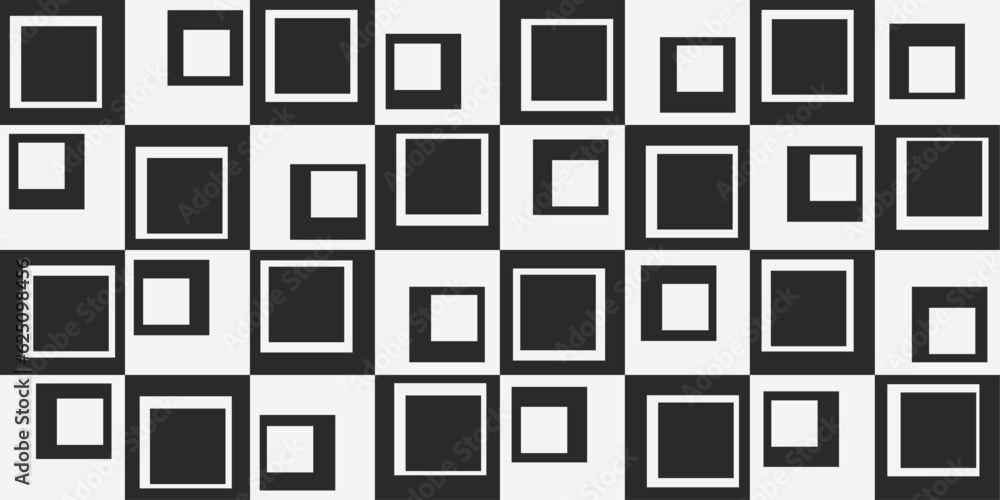 Poster black and white checkered tiles. vector chessboard, repeating pattern. squares, inside other squares