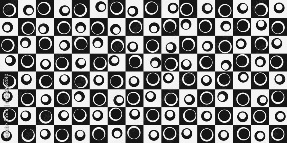 Fototapete black and white checkered tiles. vector chessboard, repeating pattern. circles on each cell. for pri