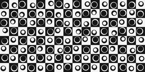 Black and white checkered tiles. Vector chessboard, repeating pattern. Circles on each cell. For printing and decorating seamless surfaces.