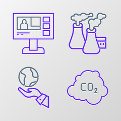 Set line CO2 emissions in cloud, Hands holding Earth globe, Smoke from factory and Television report icon. Vector