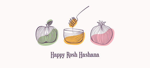 Rosh Hashana, Jewish holiday. Translation from Hebrew - Happy New Year. Apple, honey and pomegranate Jewish New Year symbols and icons. Vector illustration