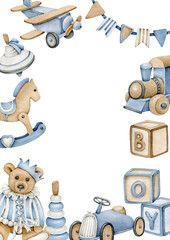 Baby toys frame.Childish background.Kids border.Flyer design.Bear,pyramid,cubes,flags,whirligig,car,train,plane,horse.It's a boy.
