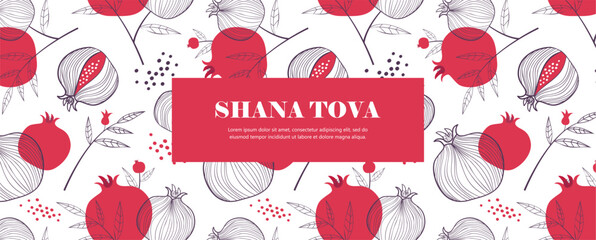 Rosh Hashanah design template with hand drawn pomegranate branches. Shana Tova Lettering. Translation from Hebrew - Happy New Year - 625098891