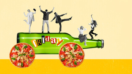 Happy and joyful employees, workers rising on beer bottle with pizza wheels to friday evening....