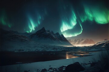 Northern lights in the mountains, Landscape, and Sea. Generative AI
