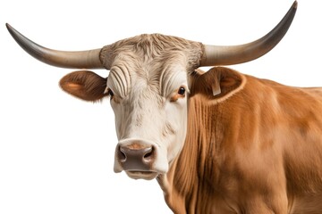 Texas Longhorn Cow Front View Portrait Isolated on White Background. Generative AI