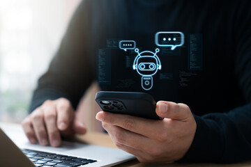 power of AI enhance your business communication. businessman using Smartphone to connect with AI chatbot, providing intelligent answers to complex questions. Embrace the future of problem solving.