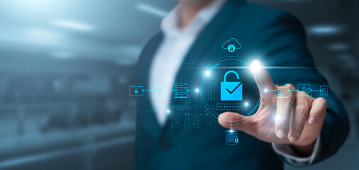 Cyber security and network data protection, businessman touch internet network security padlock,...