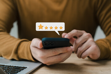 Customer Satisfaction Survey concept, 5-star satisfaction, service experience rating online application, customer evaluation product service quality, satisfaction feedback review, good quality most.
