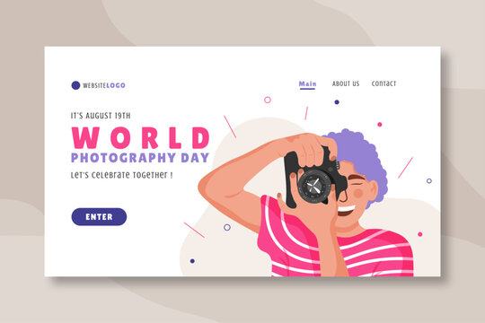 Landing page template for world photography day, vector illustration