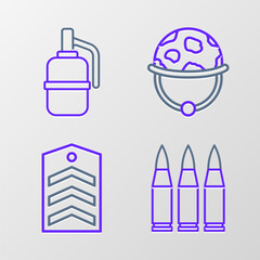 Set line Bullet, Chevron, Military helmet and Hand grenade icon. Vector