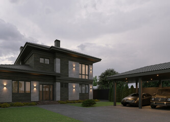 3D visualization of a modern house. Brick facade. Porcelain tiles on the facade. Panoramic windows. Evening illumination