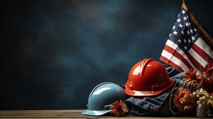 Happy Labor day concept. American flag with different elements, hard hats on dark background, with copy space for text.
