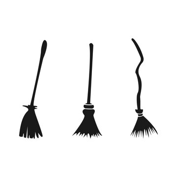 Magic broom set. Witch flying broomstick for witches and sorcerers and equipment for cleaning and sweeping streets and private vector areas