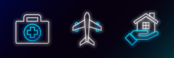 Fototapeta premium Set line House in hand, First aid kit and Plane icon. Glowing neon. Vector
