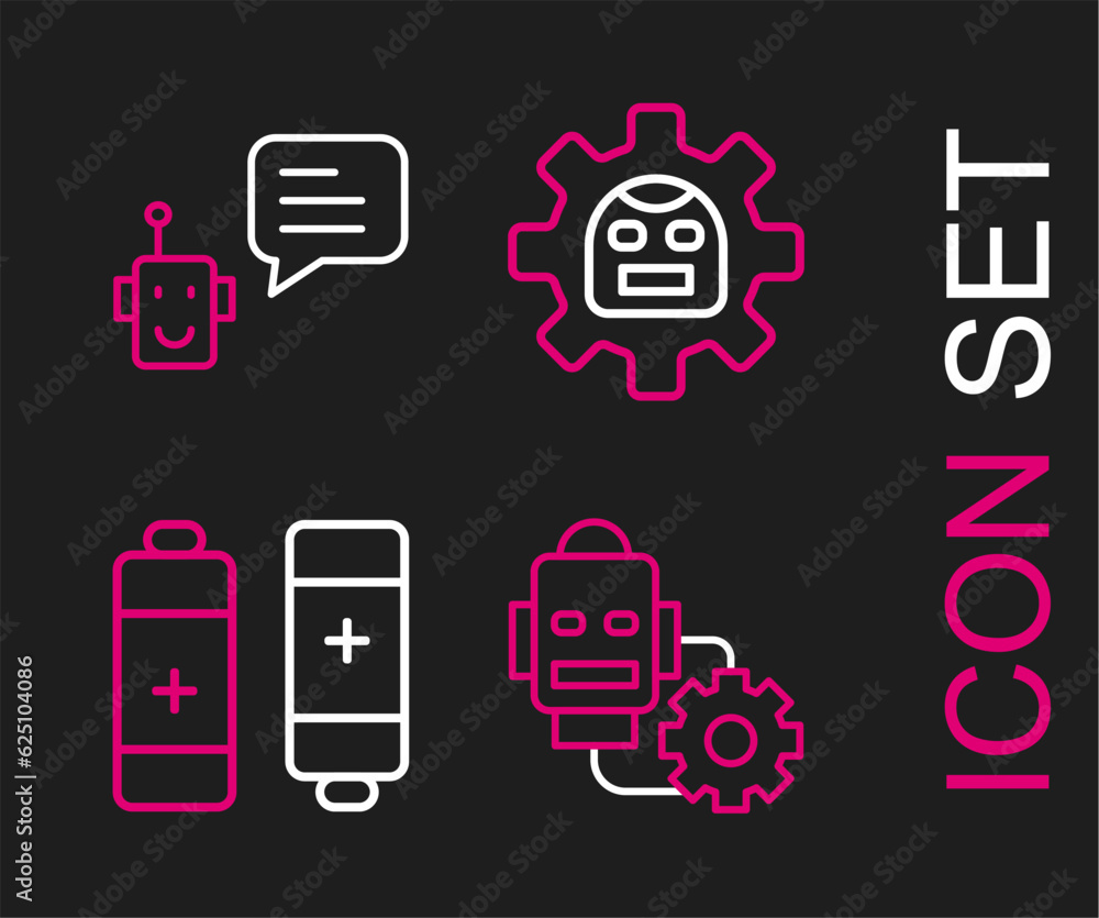 Poster set line robot setting, battery, and bot icon. vector