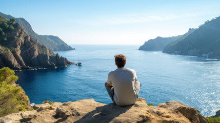 Fototapeta na wymiar Young Man Sitting on a Cliff, Overlooking a Scenic Sea View on a Paradise Island