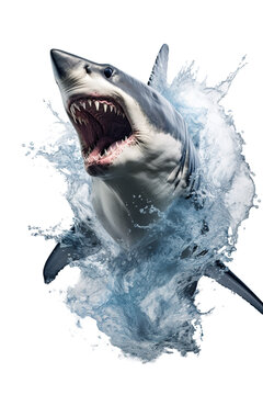 a shark jumping out of the water, white background PNG