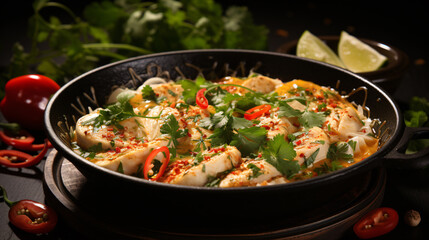 Moqueca baiana - brazilian fish stew of white fish with sweet pepper, lime, chopped tomatoes, coconut milk, served in a black dish with fresh coriander on a dark wooden table, top view, copy space