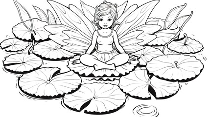 Coloring book for adults, fairy floating on a lily, whimsical, black and white. Generative AI